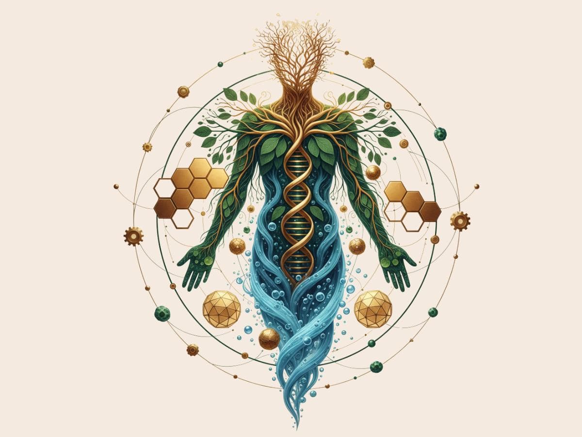 Human body with natural and scientific elements - tree roots forming the head, leafy branches as arms, DNA helix down the center, and flowing water below, surrounded by golden geometric patterns representing interconnected systems