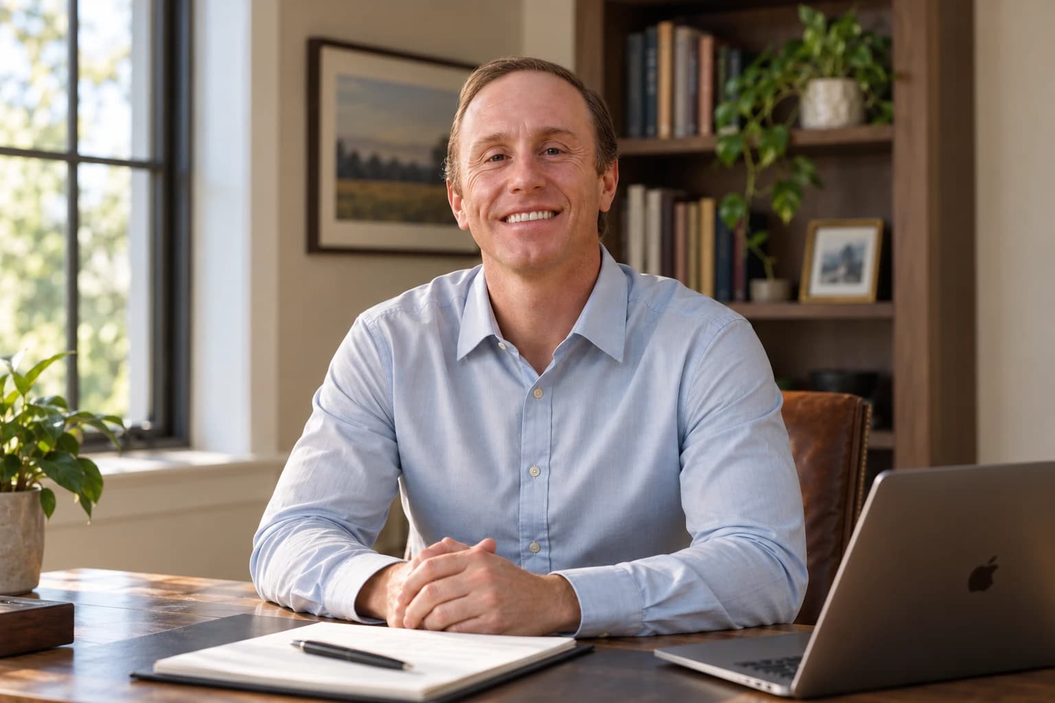 Dr. Daniel Tagge seated at his desk, in a study with a window and bookshelves
