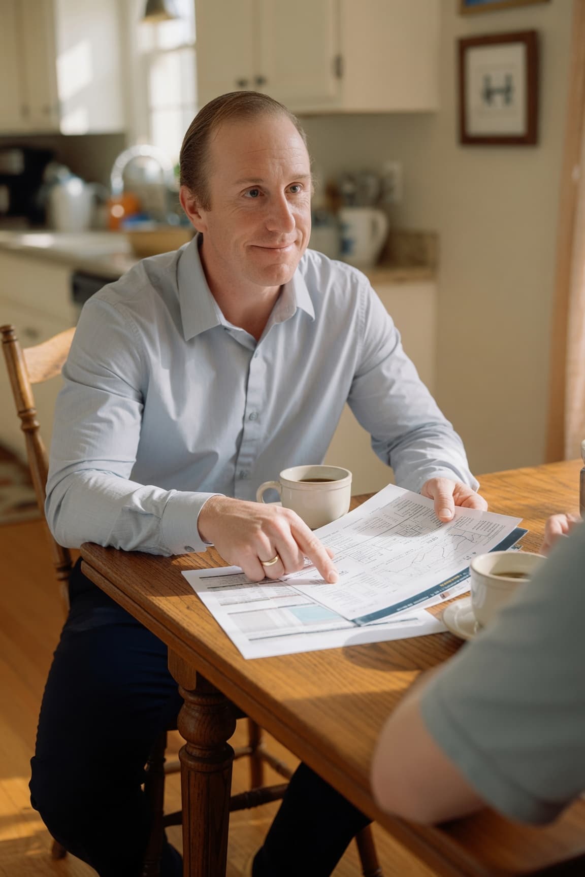Dr. Daniel Tagge reviewing results with a patient at their kitchen table