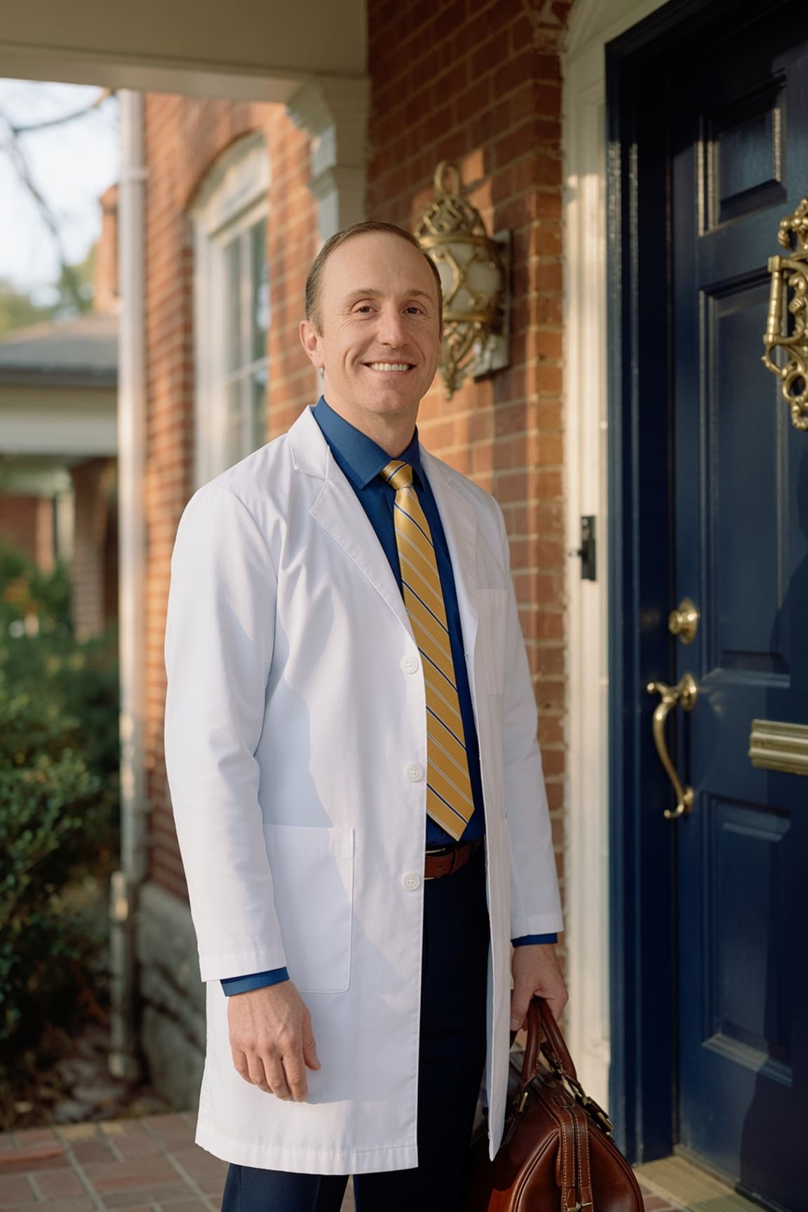 Dr. Daniel Tagge arriving at a Charlotte home for a house call, doctor's bag in hand